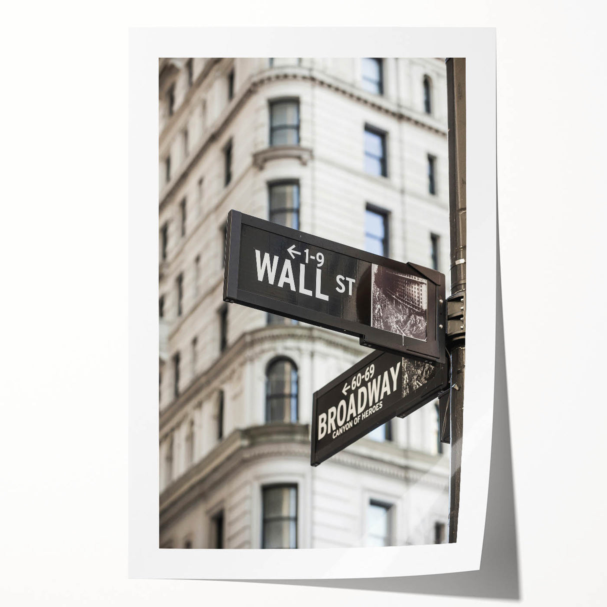 Extra large rolled print of Wall Street with a floral overlay, in muted gray and blue tones, ideal for art wall dining room.