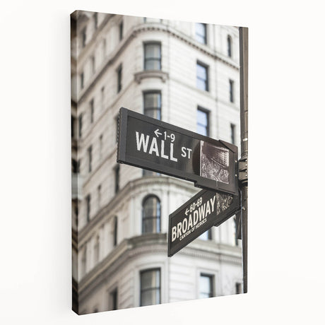 New York City's Wall Street scene on large stretched canvas, featuring gray and blue tones, suitable for kitchen wall decor.