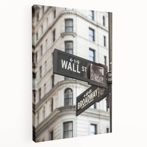 New York City's Wall Street scene on large stretched canvas, featuring gray and blue tones, suitable for kitchen wall decor.