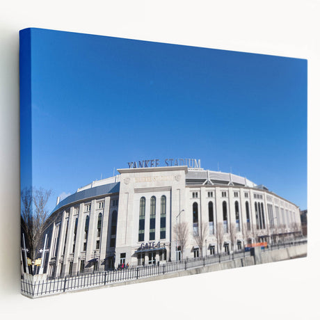 New York Yankees stadium depicted in large stretched canvas with vivid blue and white tones, suitable for kitchen wall art.