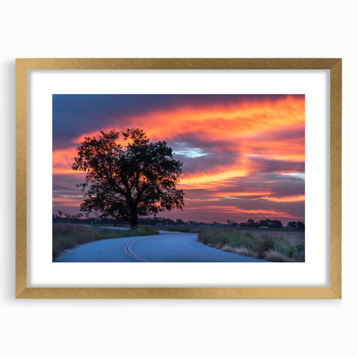 Extra large abstract art print depicting textured Oklahoma scenery in muted earth tones, framed in gold.