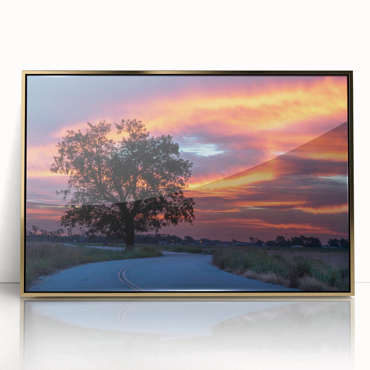 Mid-century modernist art of Oklahoma scenery in gold and green tones on a framed acrylic, ideal for modern art wall decor.