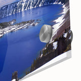 Mid-century modernist art of Crater Lake in muted blue tones on large acrylic glass, ideal for dining room art.
