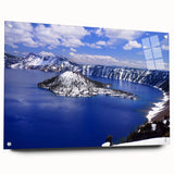 Acrylic print of Crater Lake, Oregon, featuring vivid blue and green hues, ideal for modern bedroom or dining room decor.