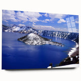Acrylic print of Crater Lake, Oregon in blue and green hues, suitable for bedroom or dining room decor.