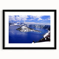 Extra large framed abstract art print depicting colorful Crater Lake, Oregon, with textured brush strokes.