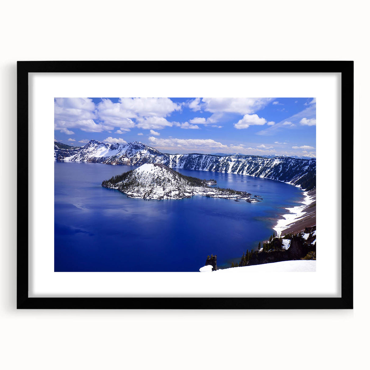 Extra large framed abstract art print depicting colorful Crater Lake, Oregon, with textured brush strokes.