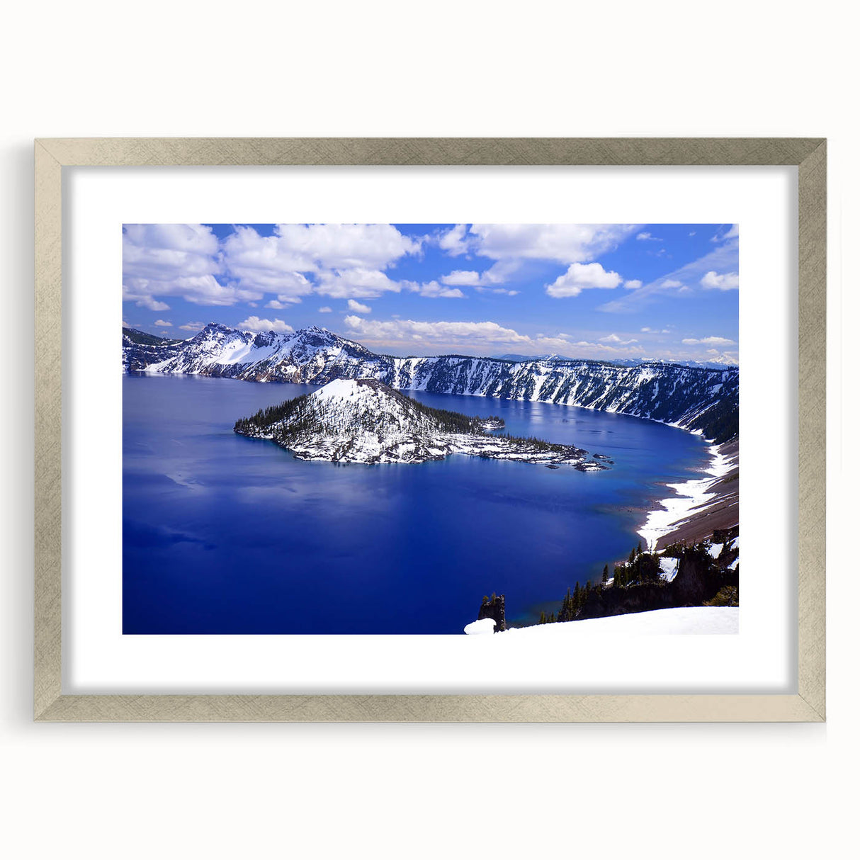 Textured art print of Crater Lake in Oregon, featuring deep blue waters and silver-framed with mat, ideal for bedroom art.