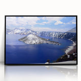 Large abstract wall art of Crater Lake, Oregon, in muted blue and green tones on framed acrylic.