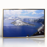 Mid-century modernist art of Crater Lake, Oregon, in vibrant blues and greens on a gold-framed acrylic print.