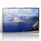 Mid-century modernist art of Crater Lake in muted blue tones on a framed acrylic, suitable for nursery wall decor.