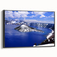 Black and white framed canvas of Crater Lake, Oregon in a vintage poster style, suitable for bedroom decor.