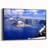 Black and white framed canvas of Crater Lake, Oregon in a vintage poster style, suitable for bedroom decor.
