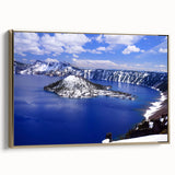 Framed canvas featuring a vintage-style landscape painting of Crater Lake, Oregon, with a gold frame.