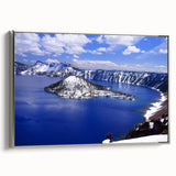 Framed canvas depicting Crater Lake in Oregon with a vintage poster style and a palette of deep blues and blacks.