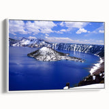 Vintage poster art of Crater Lake with vivid blue and green tones on a framed canvas, ideal for living room decor.