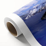 Art deco poster of Crater Lake, Oregon, with vibrant blue and green tones on rolled canvas, ideal for nursery wall art.