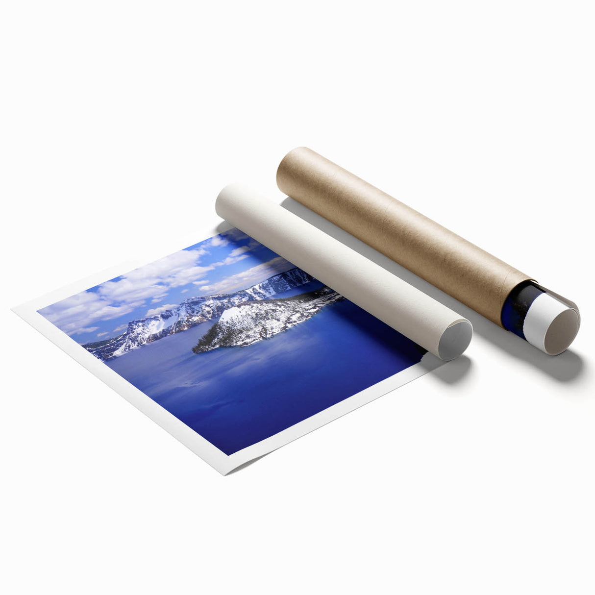 Extra large wall art featuring Crater Lake, Oregon, with vivid blue tones on a rolled canvas.