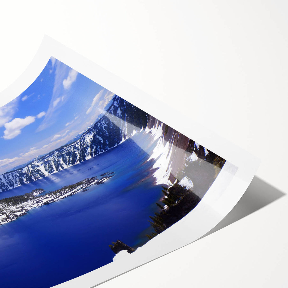 Extra large rolled print of Crater Lake, Oregon, in muted blue and green tones, ideal for large living room wall art.