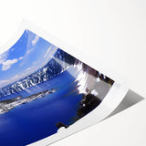 Extra large rolled print of Crater Lake, Oregon, in muted blue and green tones, ideal for large living room wall art.