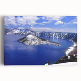 Black and white photograph of Crater Lake, Oregon, on large stretched canvas, suitable for kitchen wall art.