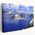 Crater Lake landscape on large stretched canvas in vivid blue and green tones, ideal for kitchen wall art.