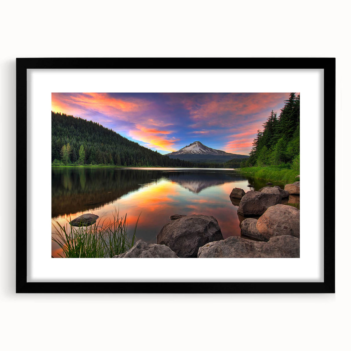 Abstract art print of Oregon's Mount Hood in vibrant colors on a textured, extra large canvas, framed in black.