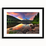 Abstract art print of Oregon's Mount Hood in vibrant colors on a textured, extra large canvas, framed in black.