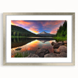 Textured art print of Mount Hood in muted blues and grays, framed in silver, ideal for bedroom art.