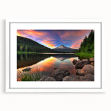 Abstract art print of Mount Hood in muted gray and blue tones on a framed canvas, suitable for bedroom or dining room decor.