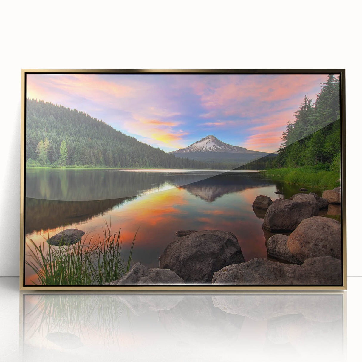 Framed acrylic print of Mount Hood, Oregon, in muted earth tones, ideal for modern art wall decor.