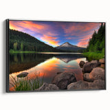 Black and white framed canvas of Mount Hood, Oregon, in a vintage poster style, suitable for bedroom wall decor.