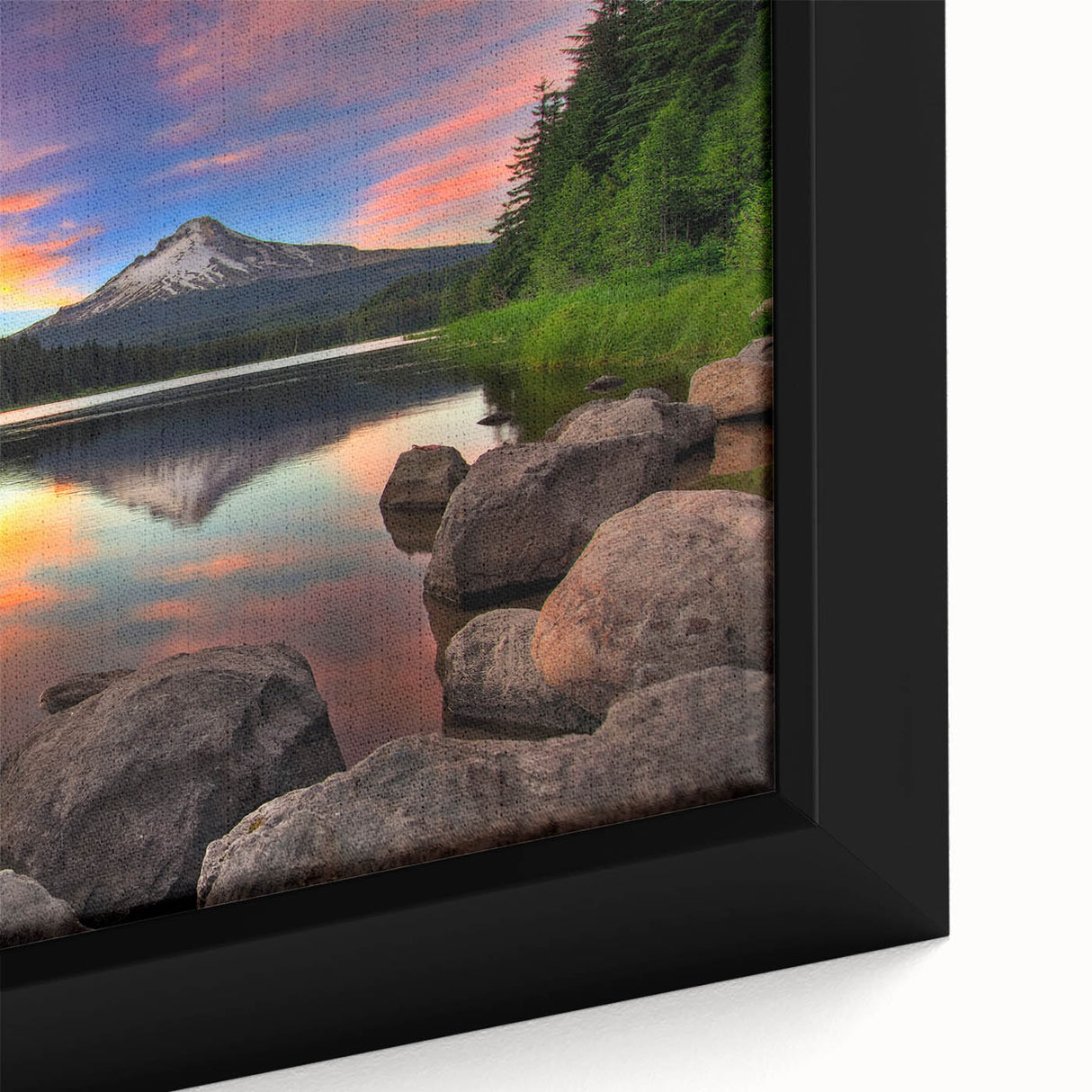 Extra large framed canvas of Mount Hood, Oregon, with a textured, colorful art style on a black background.