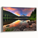 Framed canvas landscape art painting depicting Oregon's Mount Hood with a silver frame.