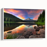 Vintage poster art of Mount Hood, Oregon, with vibrant colors on a framed canvas, ideal for living room decor.
