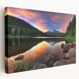 Large art of Mount Hood in muted green and blue tones on stretched canvas, ideal for kitchen wall decor.