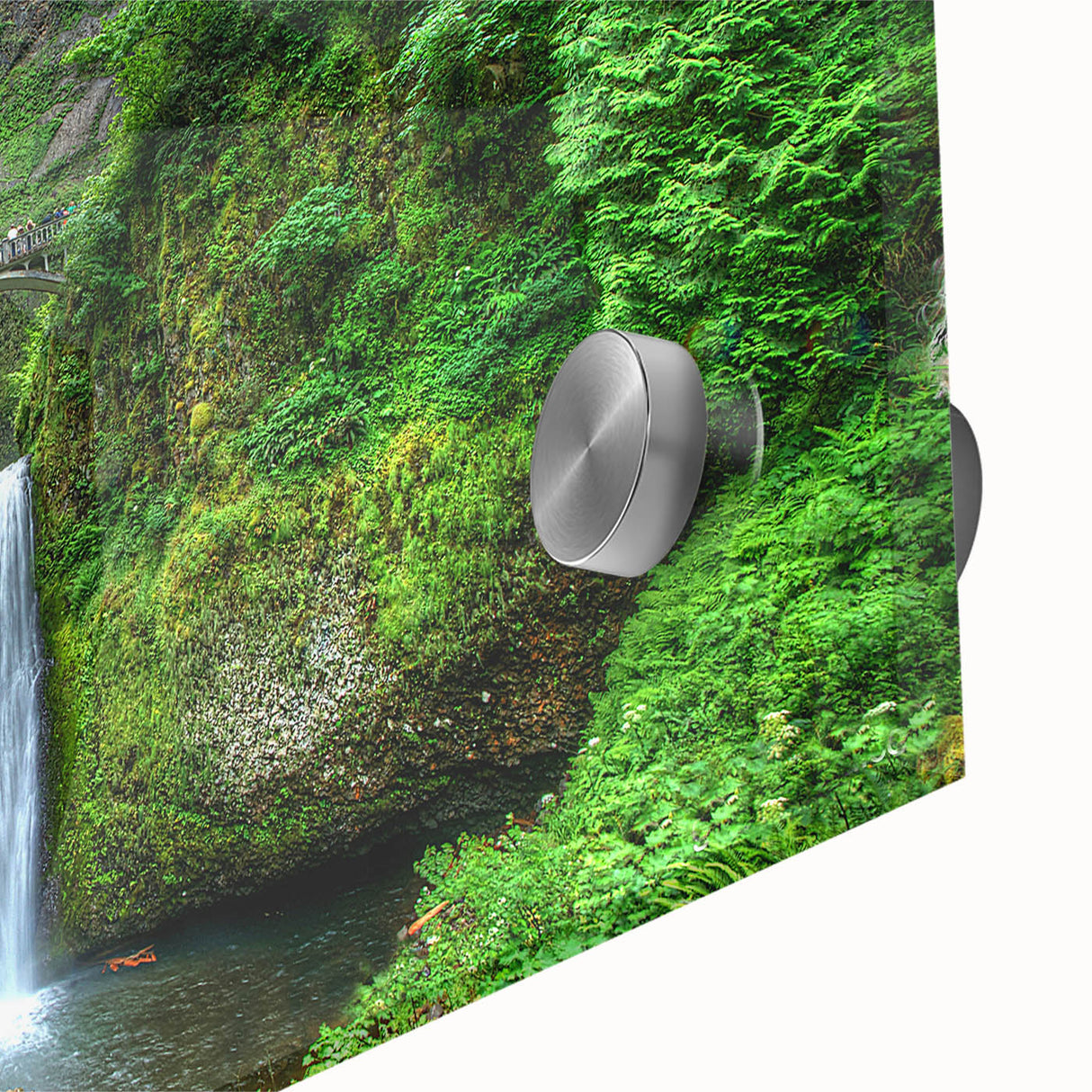 Acrylic print of Multnomah Falls in Oregon, featuring large abstract shapes and mid-century modernist style.