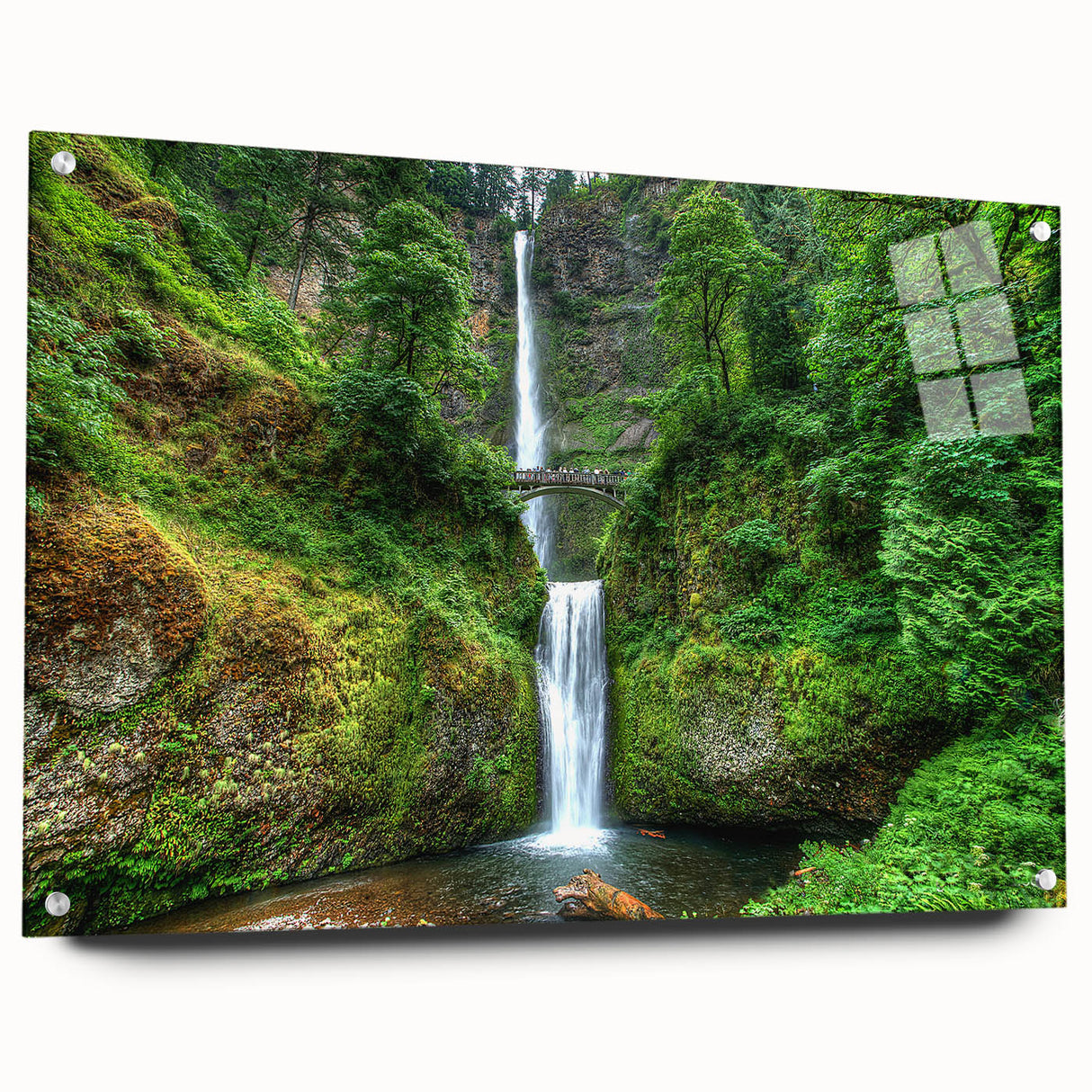 Acrylic print of Multnomah Falls in Oregon, featuring vivid green and blue tones, ideal for dining room decor.