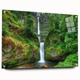 Acrylic print of Multnomah Falls in Oregon, featuring vivid green and blue tones, ideal for dining room decor.