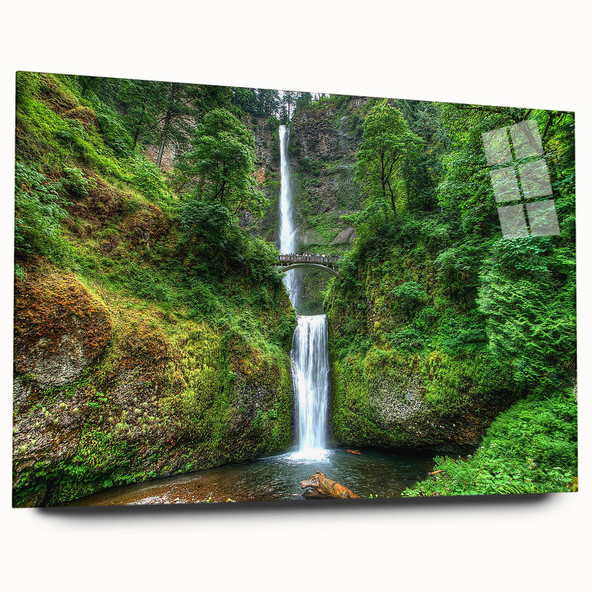 Acrylic print of Multnomah Falls in Oregon, featuring vivid green and blue tones, ideal for bedroom or dining room art.