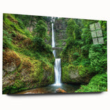 Acrylic print of Multnomah Falls in Oregon, featuring vivid green and blue tones, ideal for bedroom or dining room art.