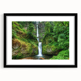 Extra large framed wall art featuring an abstract print of Multnomah Falls in vibrant colors, ideal for living room decor.