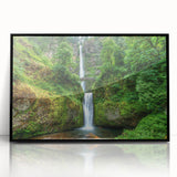 Large abstract wall art featuring Multnomah Falls in muted green and blue tones on a black-framed acrylic.