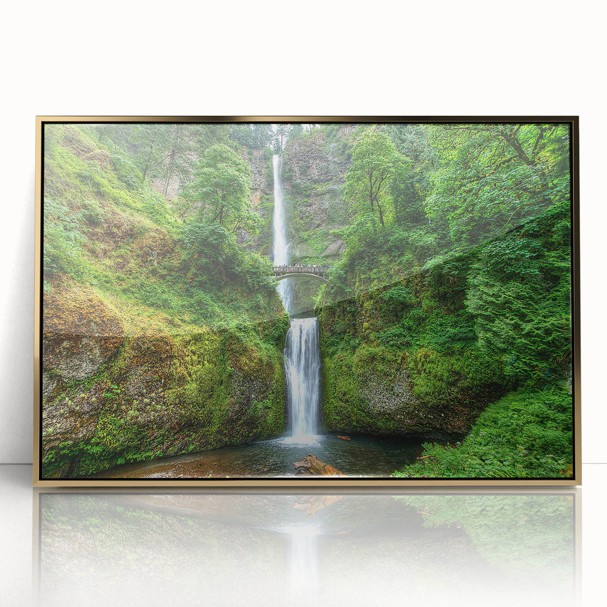 Acrylic print of Multnomah Falls with gold frame, in muted green and blue tones, ideal for modern art wall decor.