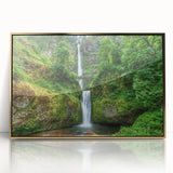 Acrylic print of Multnomah Falls with gold frame, in muted green and blue tones, ideal for modern art wall decor.