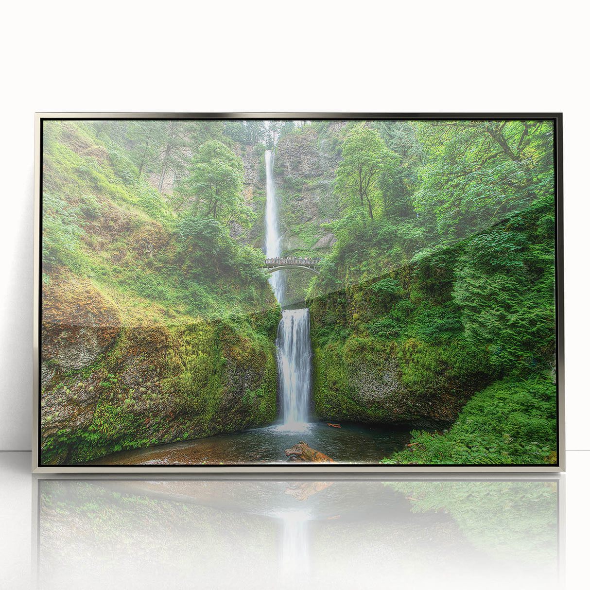 Mid-century modernist acrylic print of Multnomah Falls, Oregon, in silver frame, suitable for nursery wall art.