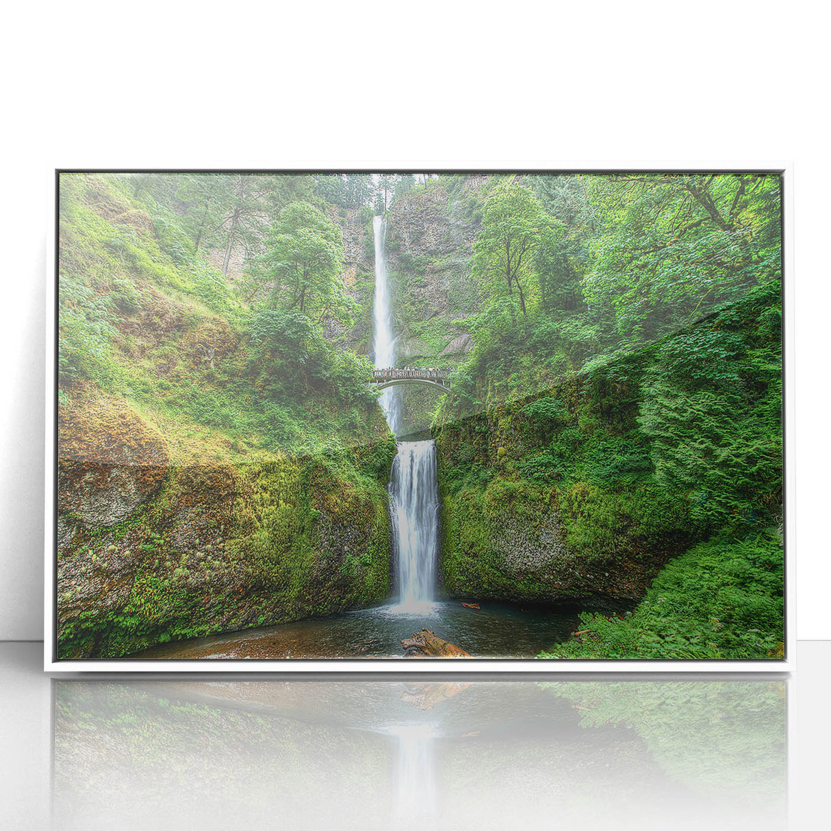 Acrylic print of Multnomah Falls in Oregon, framed in white, in art deco style, ideal for modern art wall decor.