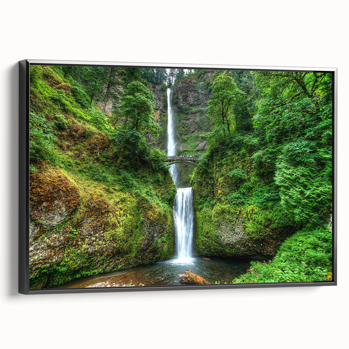 Black and white framed canvas depicting Multnomah Falls in Oregon, ideal for bedroom wall art.