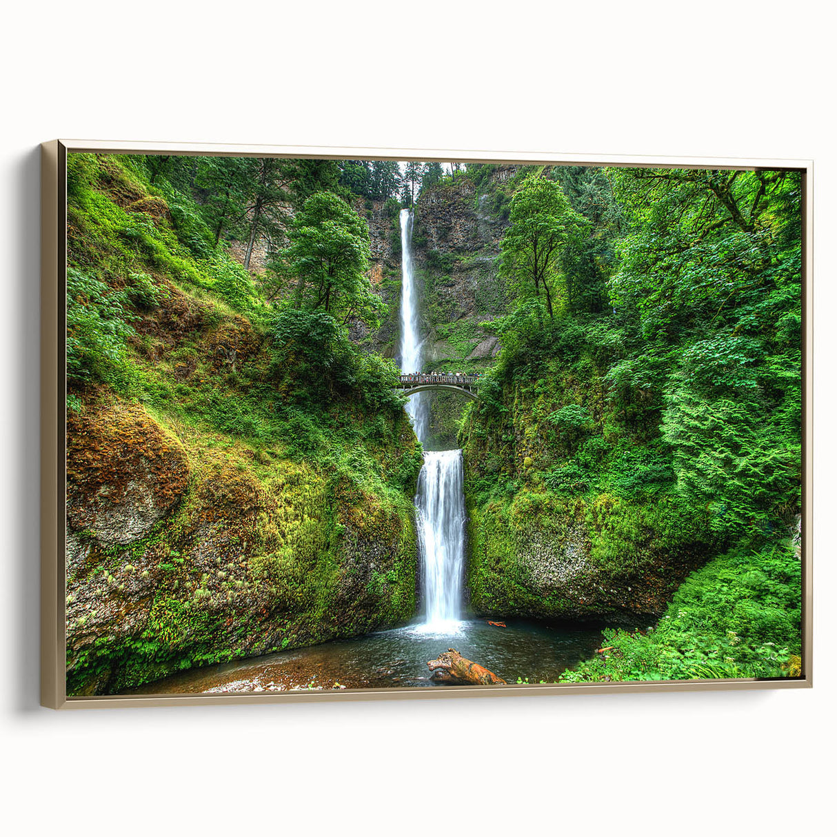 Framed canvas of Multnomah Falls in Oregon, featuring a vintage-style landscape with gold and black tones.