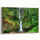 Framed canvas of Multnomah Falls in Oregon, featuring a vintage-style landscape with gold and black tones.
